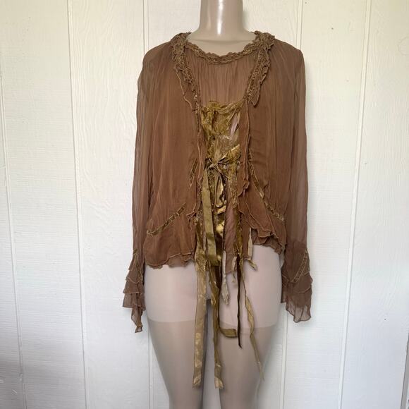 Vtg Black Cat Fashion Sheer Ruffle Blouse Silk Blend Y2K Fairy Boho Festival L - Picture 1 of 11
